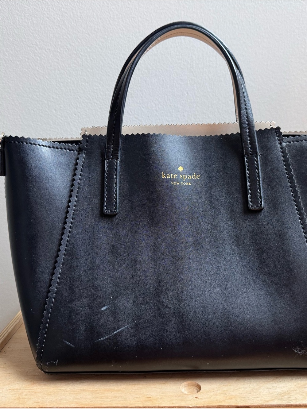 kate spade Black Leather Satchel with Gold Logo